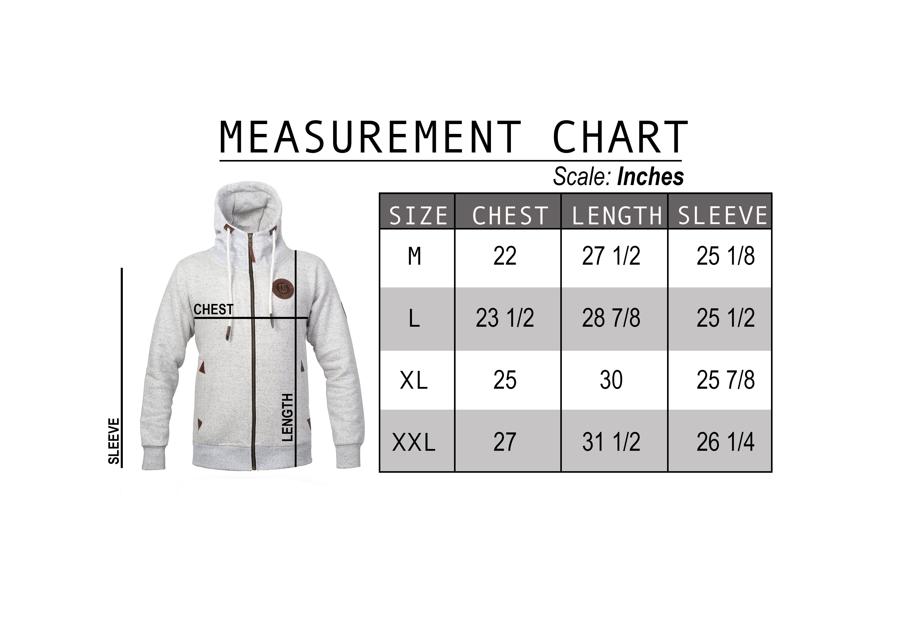 Leather Patch Grey Hoodie Size Chart