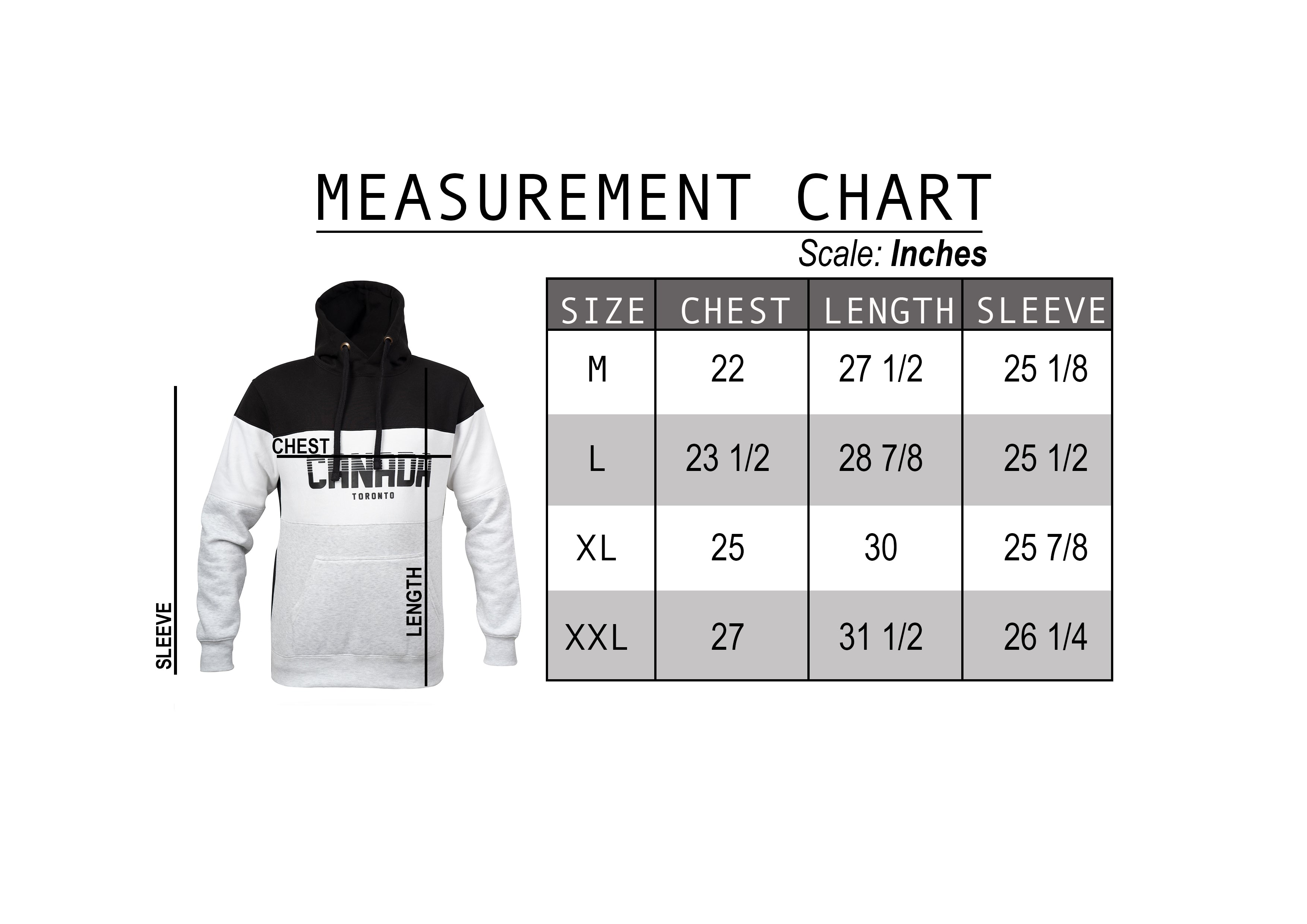 Canada Toronto black grey white hoodie size chart