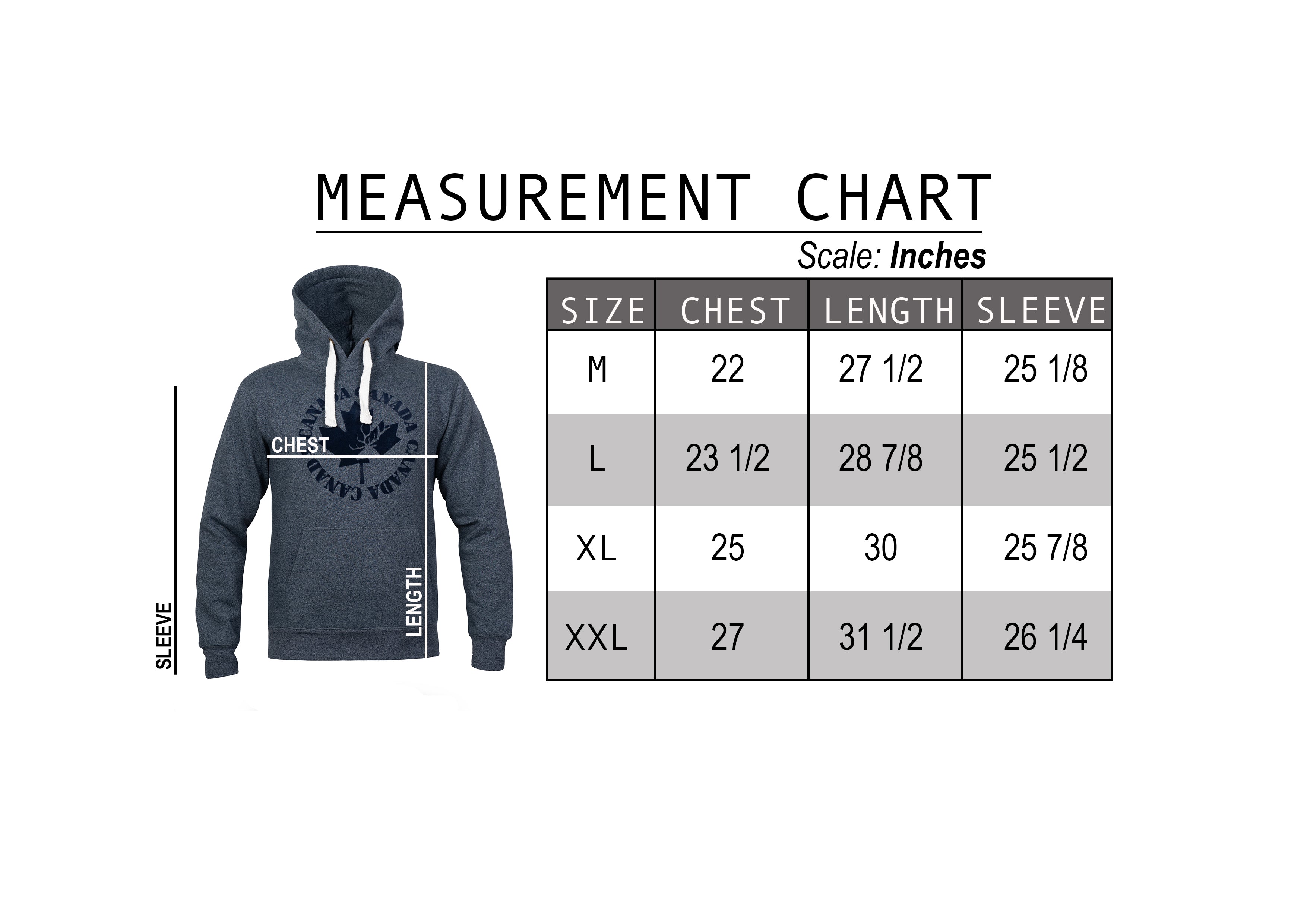 Canada Maple Leaf Navy Printed Hoodie Size Guide